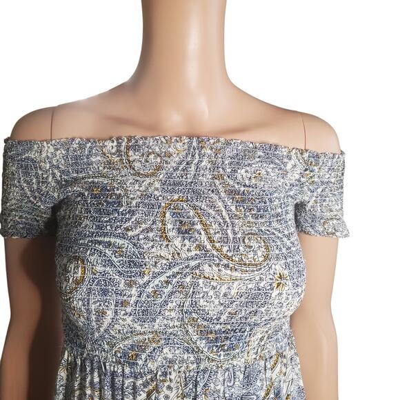 Old Navy Smocked Fit Flare Blue Paisley Midi Dress On/Off Shoulder Boho Milkmaid - Picture 4 of 10